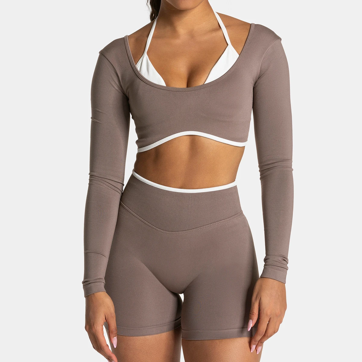Breathable European American Long-Sleeve Sexy Back Design Figure-Hugging Fit Color-Block Pattern Yoga Sports Top for Women