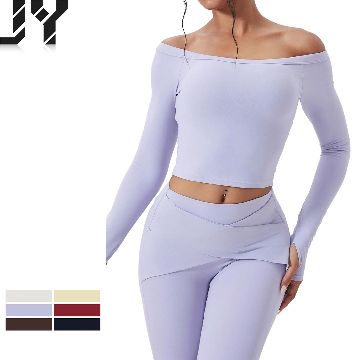 Hot-selling Brushed-Fleece Off-Shoulder Fitted Long-Sleeve Nude-Feel Fitness Waist-Defining Running Sports Bra Yoga Top