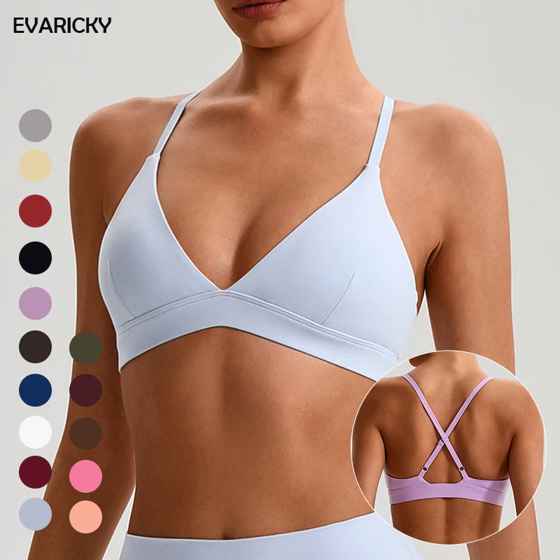EVARICKY Women's Cross Back Yoga Crop Top Elastic Workout Bra Fitness Activewear Deep V Neck Sports Bra for Yoga Gym Training