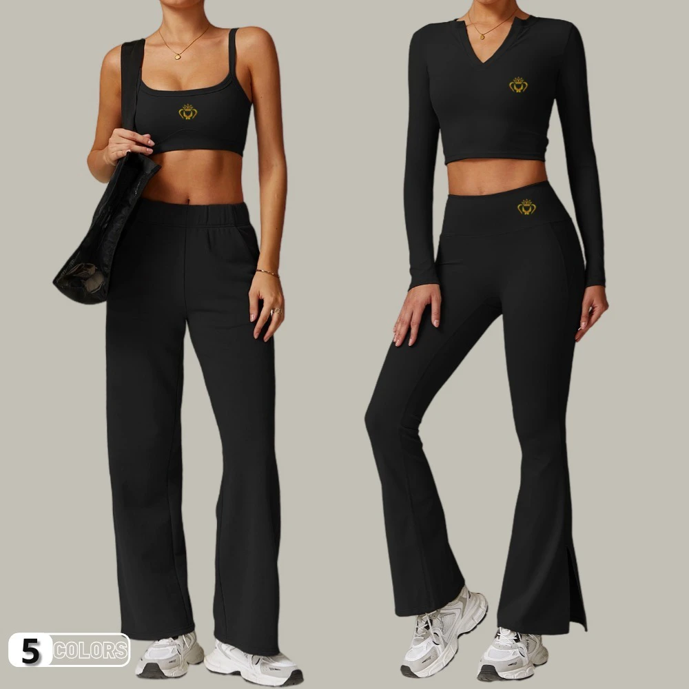 Autumn Winter Sports Long Sleeve Gym Fitness Leggings Casual Workout 5-Piece Suit Women'S High Waist Wide Leg Yoga Set