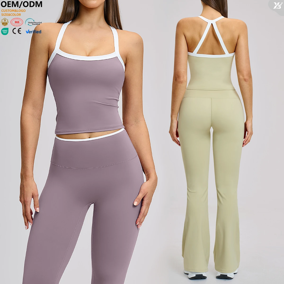 XW-EBX2027 Women Contrast Color Yoga Tank Top Removable Pads Thin Straps Cross Back Cropped Workout Sports Bra GymTop