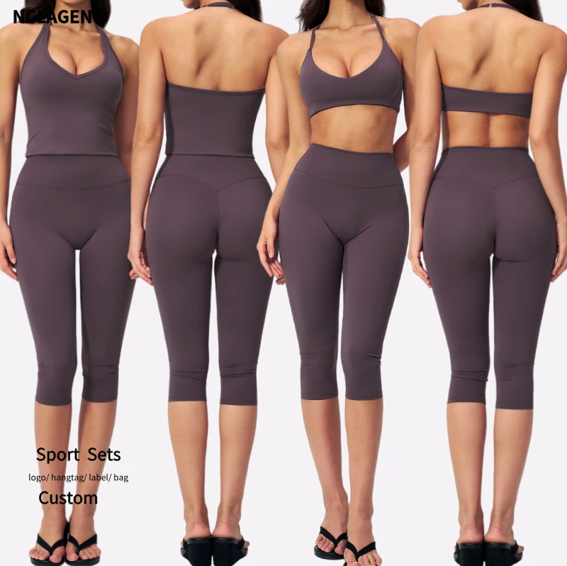 NCLAGEN Women's Workout Set Adjustable Halter Sports Top Gym Yoga Set Butt Lifting Capri Leggings Stretch Slim Fit Training Wear