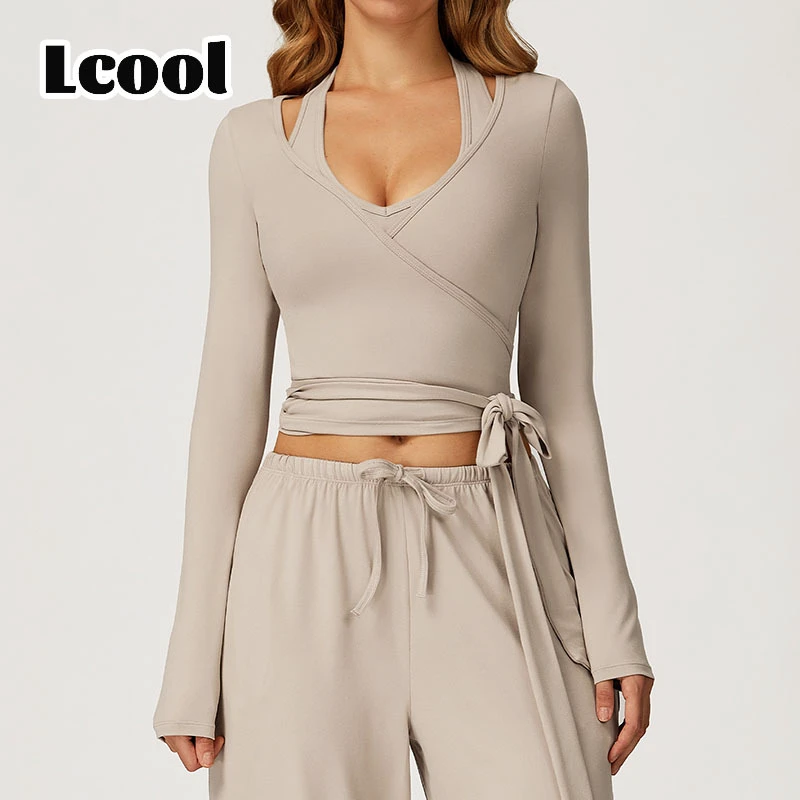 Lcool Quick Dry Activewear Long Sleeve Yoga Clothing Fitness Sports Top V-neckline Ballet Wrap Yoga Tight Top