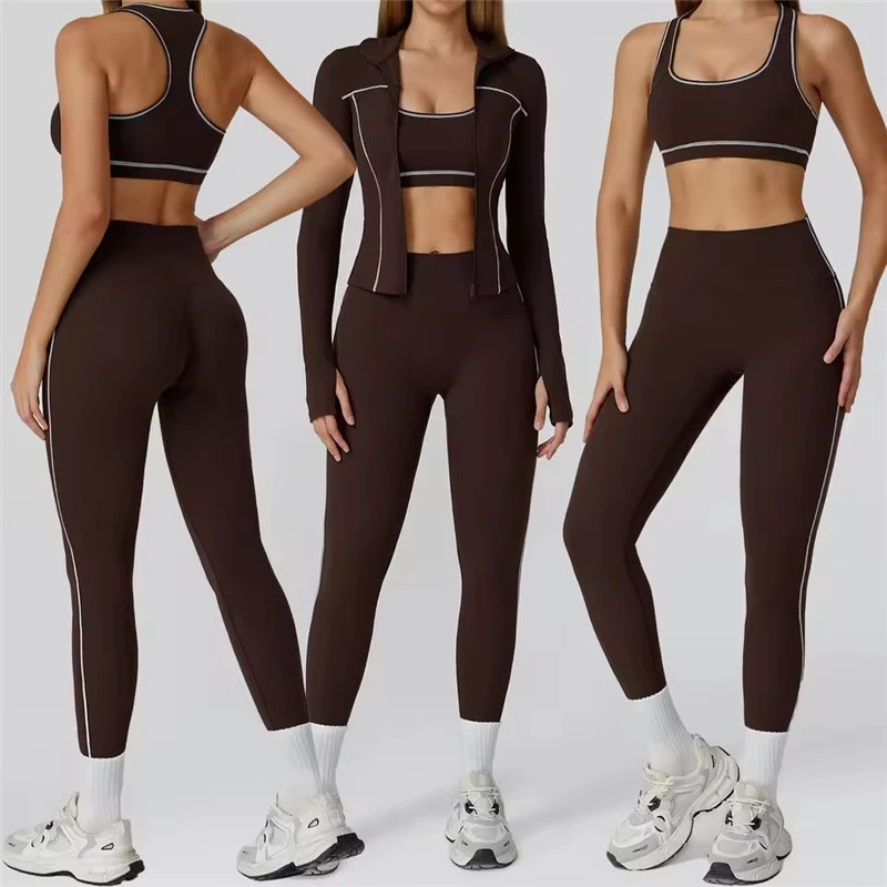 ZC396 Women Three Piece High Elastic Fabric Contrast Color Side Pocket Design Gym Yoga Leggings/Bra/Jackets Set