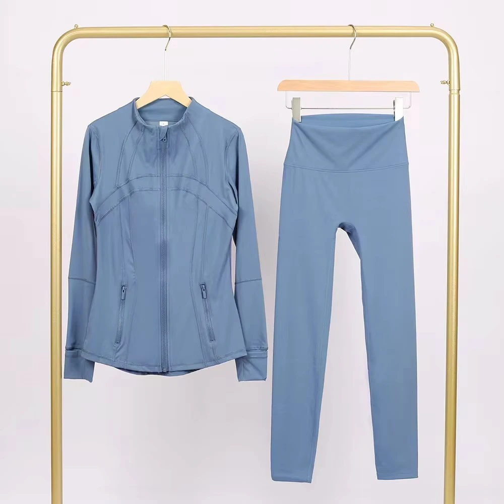 Blazer Crew Neck Printed Nine-inch Pants Set Golden Zipper Regular Fit Coat Stretchable Quick-drying Fitness Yoga Wear Front