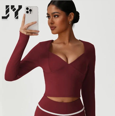 JY 2026 Custom Front Women V Neck Long Sleeve Yoga Top Thumb Holes Breathable High Elasticity Fitness Active Wear Quick Dry Gym