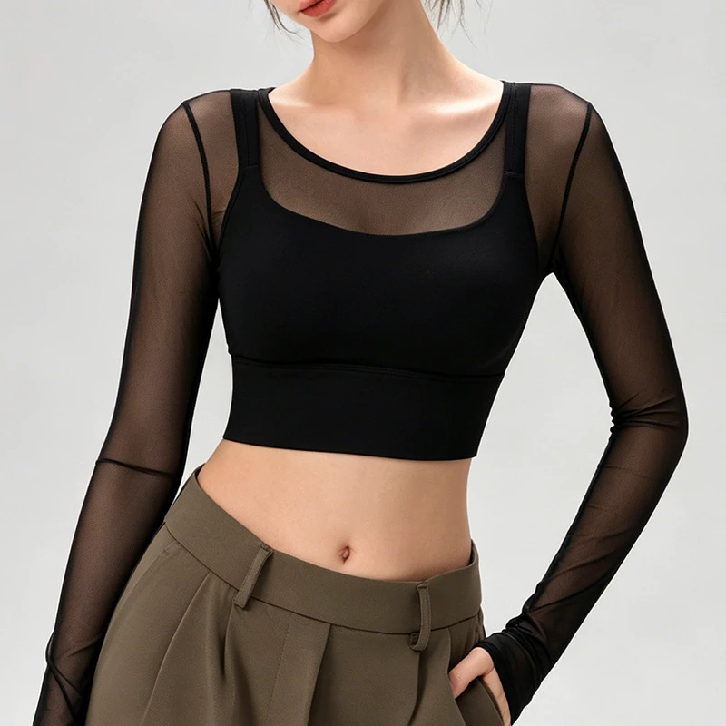 Women's Spring Summer Lightweight Mesh Layered Sports Yoga Long Sleeve Top Built-in Bra Pads Four-Way Stretch Sweat-Wicking