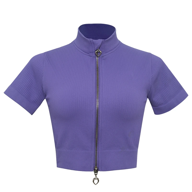Solid Color Semi High Neck High Elasticity Breathable Zipper Women's Running Sports Yoga Top