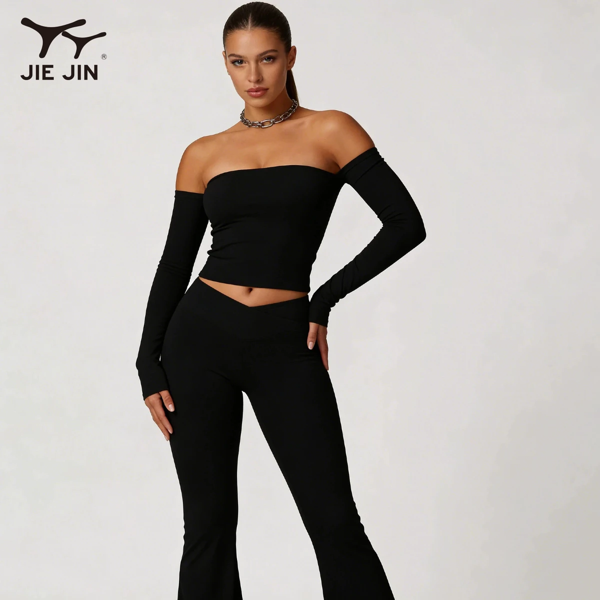 JIEJIN Women's Quick Dry Cross Waist Pants Strapless Long Sleeve Top Fitness Yoga Wear Suit