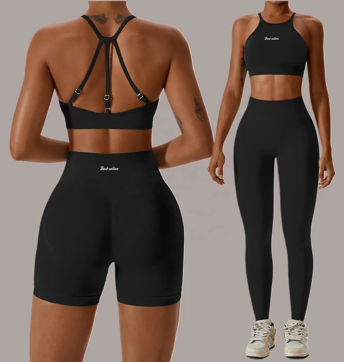 Women Sport Fitness Clothes Gym Seamless Activewear 3 Piece Scrunch Butt Leggings Elasticity Gym Workout Yoga Sets for Women