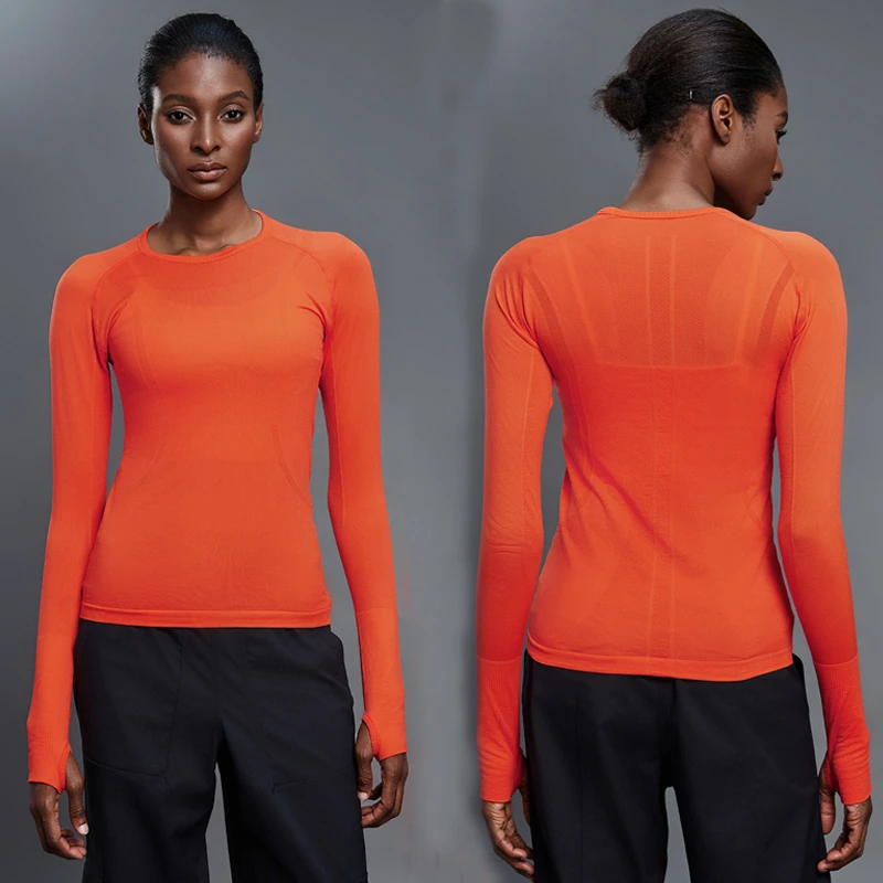 High Quality Women's Gym T-Shirt Seamless Classic Crew Neck Slim Fit for Running Fitness Yoga Long Sleeve Top Solid Custom