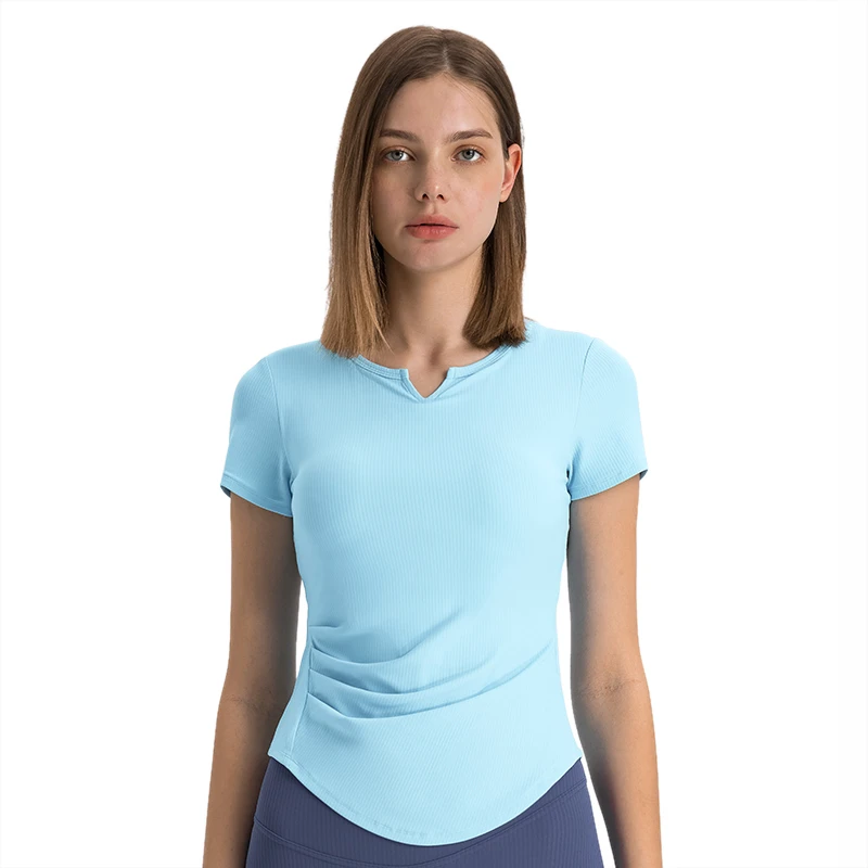 New Rib V Collar With Chest Pad Yoga Clothing Top Waist-tight Slim Look Running Workout Short Sleeve Women's T-shirt