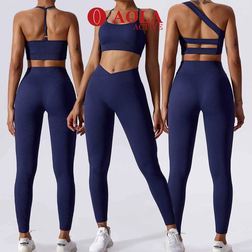 AOLA Custom Solid 5-Piece High Waist Split Flare Ribbed Leggings Gym Seamless Yoga Sets Fitness Women Sweat-Wicking Four-Way