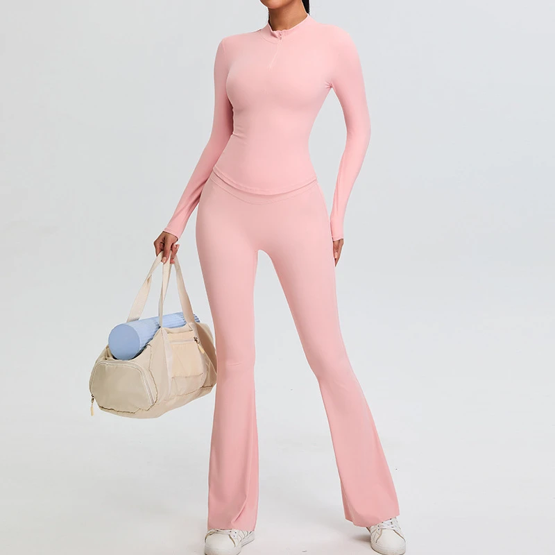 Wholesale Custom Logo Women's Two Piece Yoga Set Long Sleeve Half Zip Sports Corset Top High Waist Gym Leggings Breathable