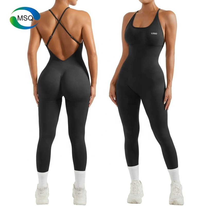 OEM Gym High Stretchy Adjustable Cross Strap Tummy Control One Piece Women Yoga Fitness Scrunch Butt Leggings Workout Jumpsuits