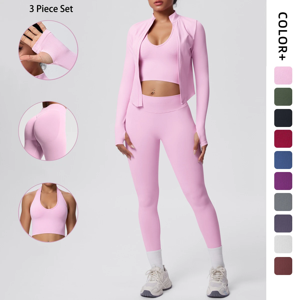 2026 Women's Seamless 3 Piece Yoga Set Breathable Quick Dry Tight Fit High Waist Full Zip up Workout Yoga Wear Gym Fitness Sets