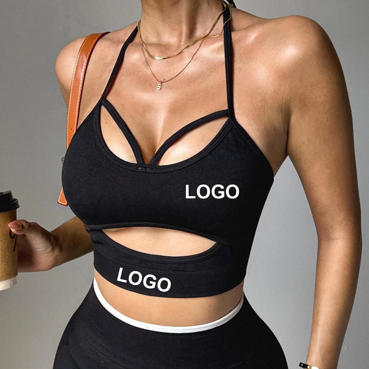 Women's Seamless Halter Neck Hollow High Support Sports Bra with Front Logo Sexy Backless Solid Color Fitness Yoga Bra