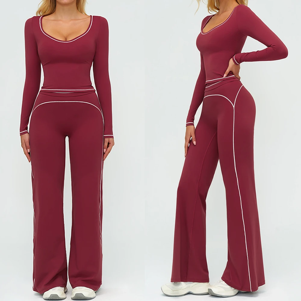 Long Sleeves Flare Pant 2 Pieces Heart Shape Back Soft Stretchy Winter Sportswear Pilates Tennis Training Apparel Gym Yoga Sets
