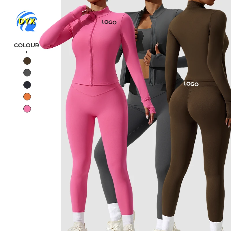 Free Samples Quick-Drying Fitness Three-Piece Sportswear Set Cross-Border New Tight Yoga Suit With Cardigan Front Solid Pattern