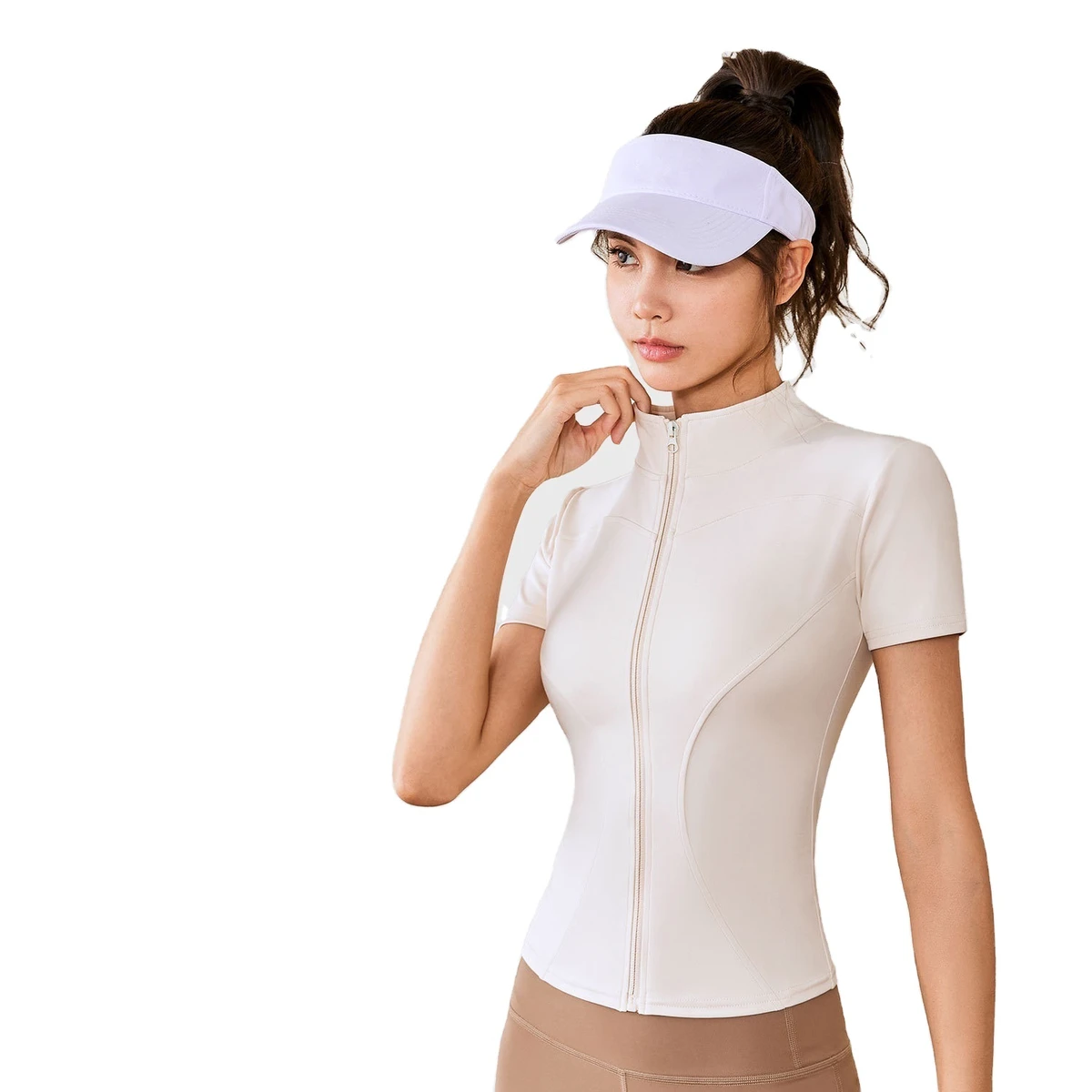 Women's High Elastic Yoga & Fitness Sports Top Nude Outerwear with Front Logo Short Sleeve Tight - Fitting Stand - Collar