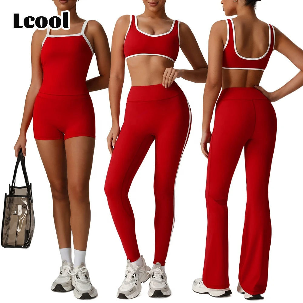 Lcool Customizable Women Contrast Color Activewear Sports Suit Free Match 5 Piece Crop Top Workout Outfit Gym Fitness Yoga Sets