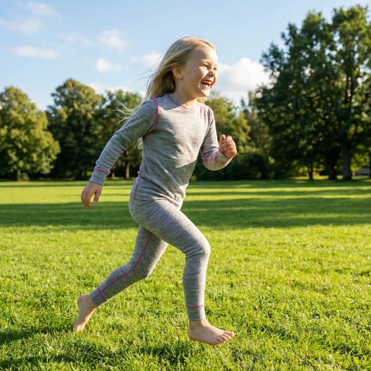 Children's Merino Wool Knitted Roundneck Contrast Seam Underwear Set Girl's Thermal Breathable Outdoor Sports Base Layer