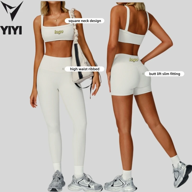 Ribbed Slim Fitting Yoga Sport Wear 4-Piece Sets High Waist Sport Bra & Shorts Leggings Quick Dry Gym Women Activewear Set