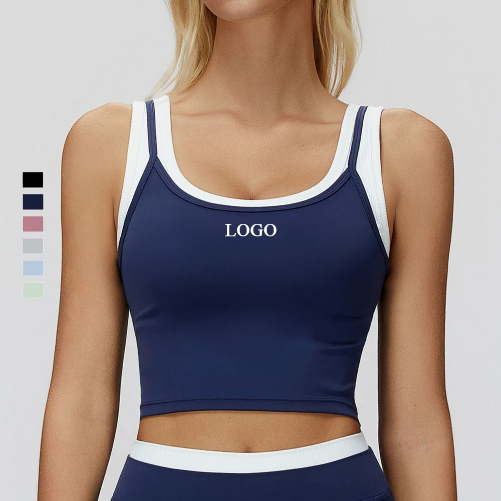 Custom Nylon Elastane Color Contrast Moisture-Wicking Runnign Yoga Crop Tops Bra Breathable Double Layer Workout Sports Tank Top