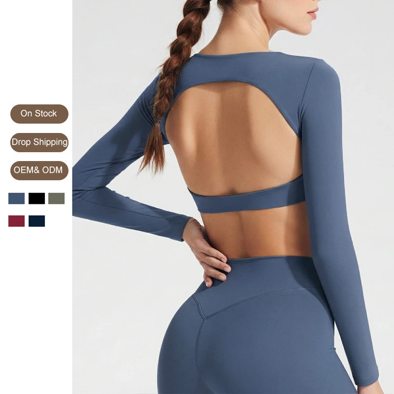 Women's Sexy Cutout Back Slim-Fit Yoga Long-Sleeve T-Shirt, Tight Workout Top for Running Training Gym Ready to Ship