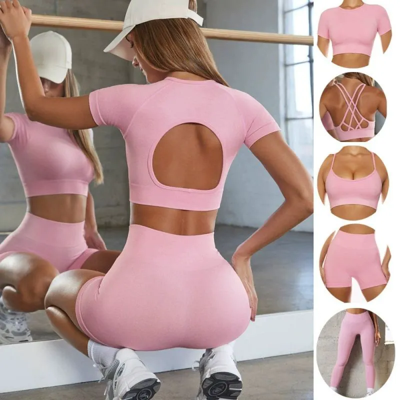 Men's 5 Piece Solid Yoga Gym Set Open Back Crop Top and Shorts Fitness Workout Activewear Breathable Eco-Friendly Elastic Waist
