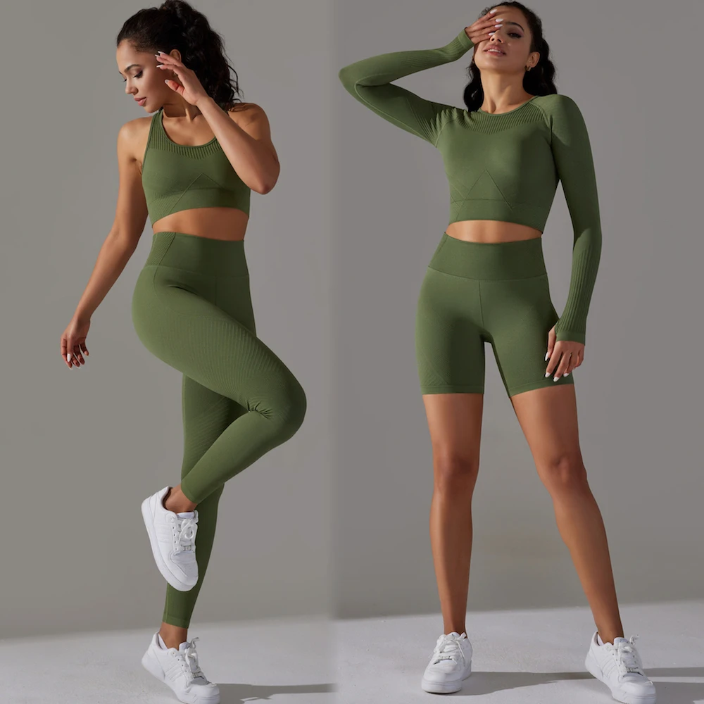 4 Pcs Ladies Textured Athletic Apparel Yoga Matching Set for Women, Seamless Sports Bra + Long Sleeve Top + Shorts + Leggings