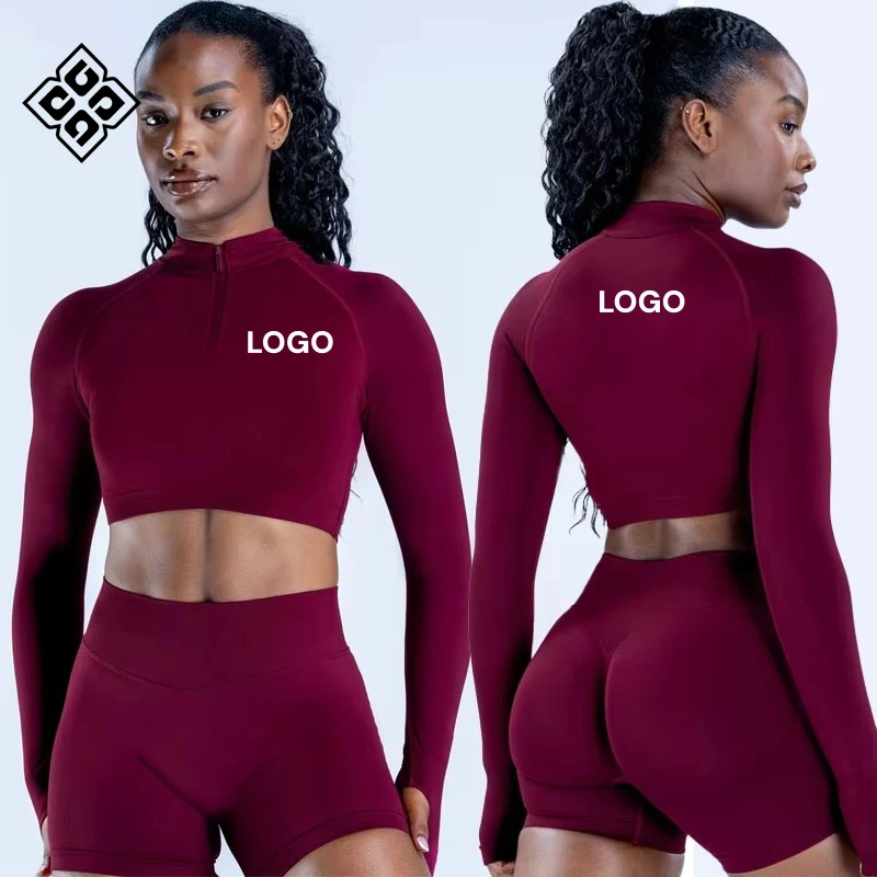 New Breathable Seamless Half Zipper Crop Top Gym Fitness Clothing Running Sports Yoga Long Sleeve Tops for Women