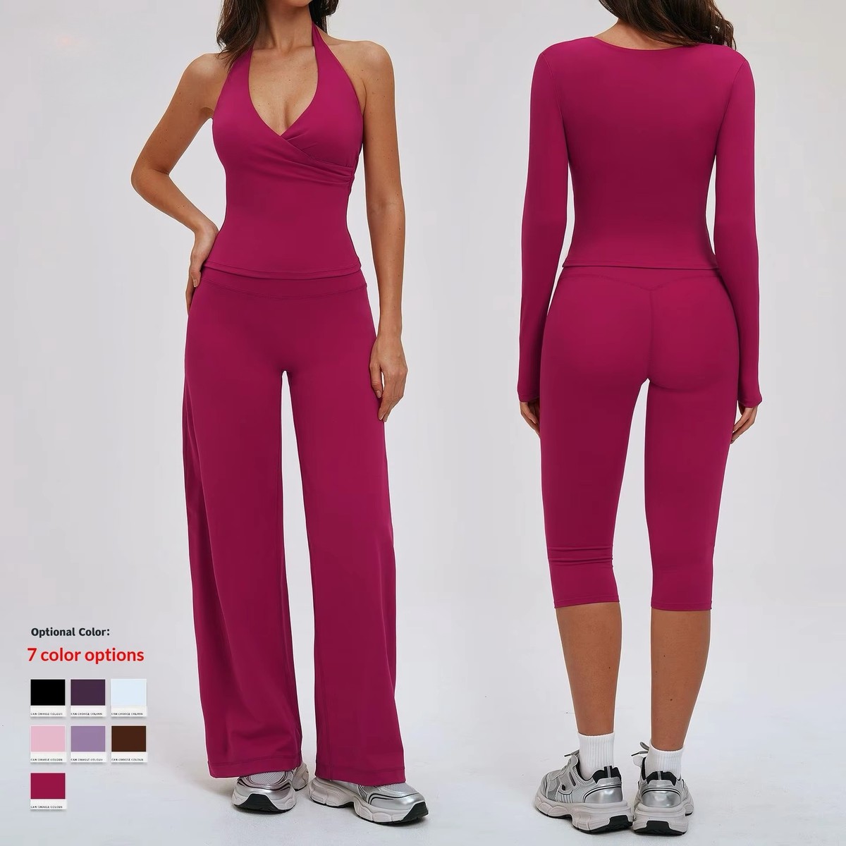 Women's Solid Breathable Wrinkle-resistant V-neck Spandex/Nylon Yoga Suit Three-piece Set for Outdoor Sports Long-sleeved Casual
