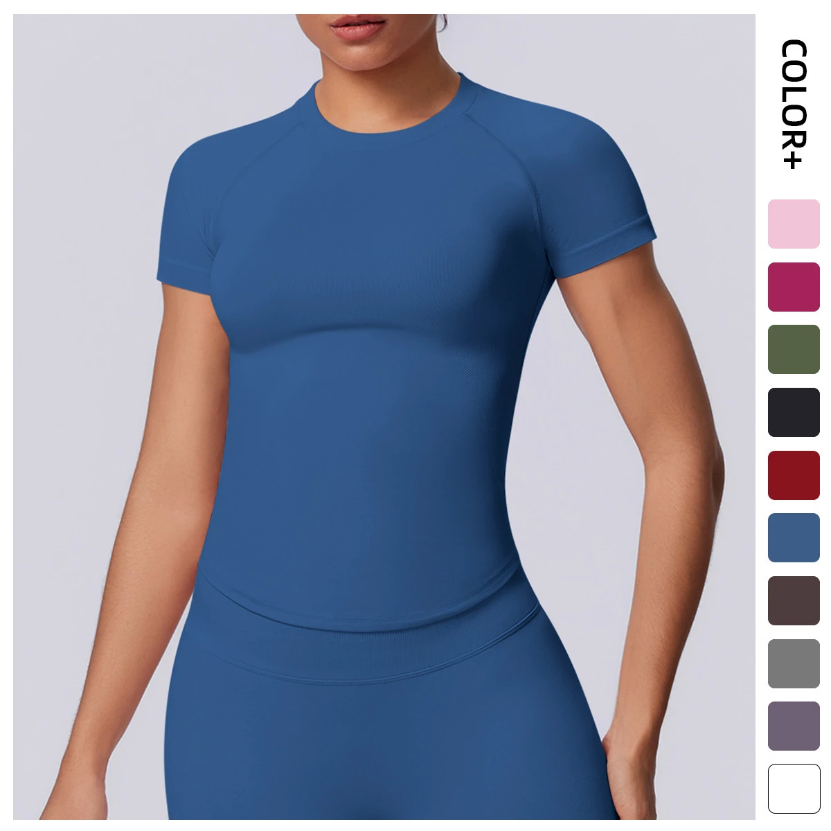 Cross-border New Seamless Tight Short-sleeved Spandex/Nylon Solid T-shirt Yoga Clothing High Elastic Sweat Absorbing Hip Top