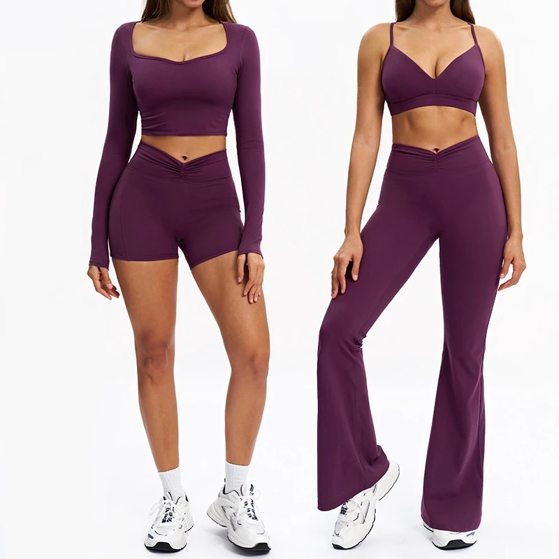 High Waist Scrunch Butt Leggings 6Piece Suit Gym Fitness Sets Yoga Clothing Set for Women