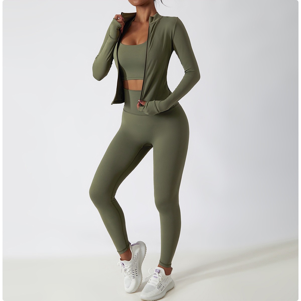 Women's Yoga & Workout Sets 3-Piece Spandex/Nylon Solid Front Breathable Eco-Friendly High-Waisted Gym Wear