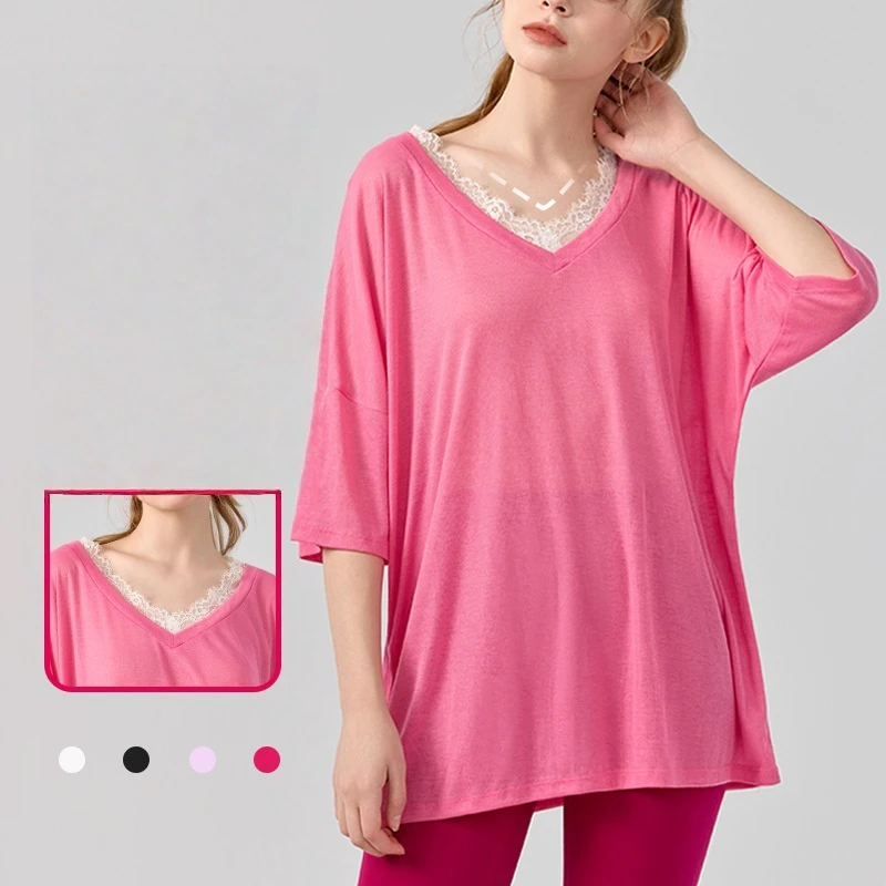 New Style Pilates Yoga Wear V Neck Lace Wear Solid Color Short Sleeve T Shirt Sports Fitness Top