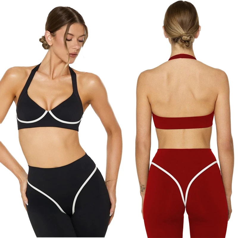 Cross-border Foreign Trade Women's Yoga Tank Top Quick Dry Color Block Design Halter Neck Built-in Chest Pad Spandex/Nylon