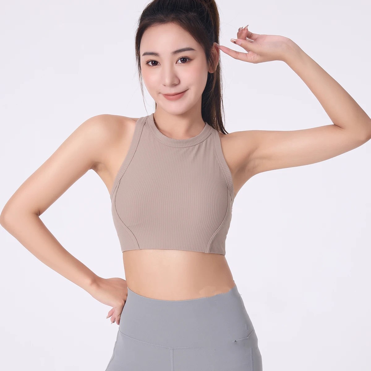 Wholesale Super Soft Nude Sports Bra Shockproof Sports Bra High Strength Fitness Workout Running Gym Wear Ribbed Yoga Bra