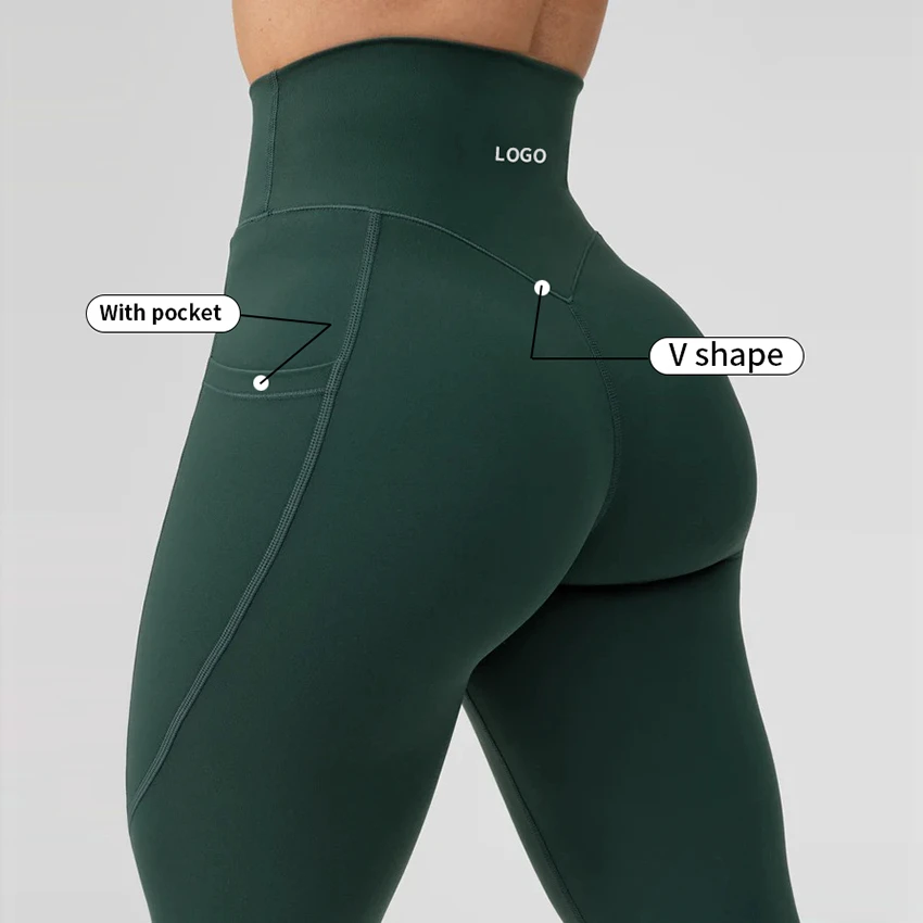 Custom Solid Sports Yoga Pants High Waist Stretch Scrunch Butt Lift V Back Leggings Pockets Workout Gym Plus Size Women