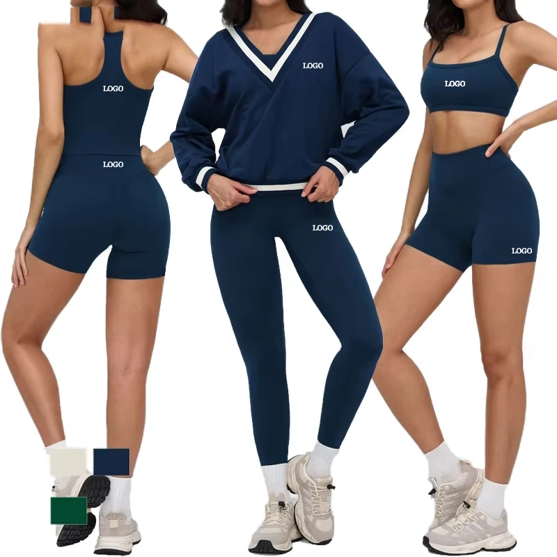 Custom Plus Size Women's Solid 5-Piece Workout Activewear Yoga Sets Square Neck Sport Bra High Waist Legging Shorts Front