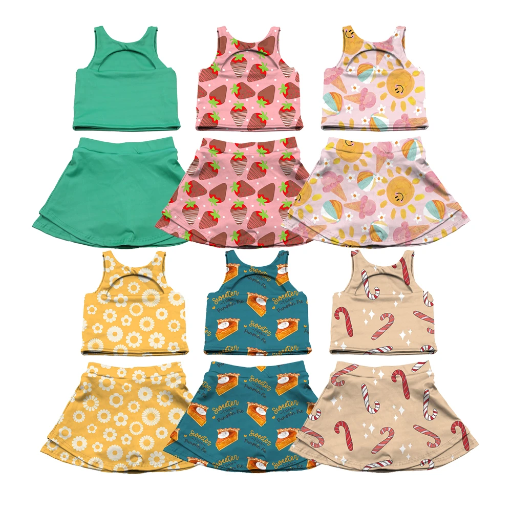New Arrival Custom Print Toddler Girl Sportswear Yoga Suit Tank Top and Skirted Short 2-Pieces Kids Clothing Sets