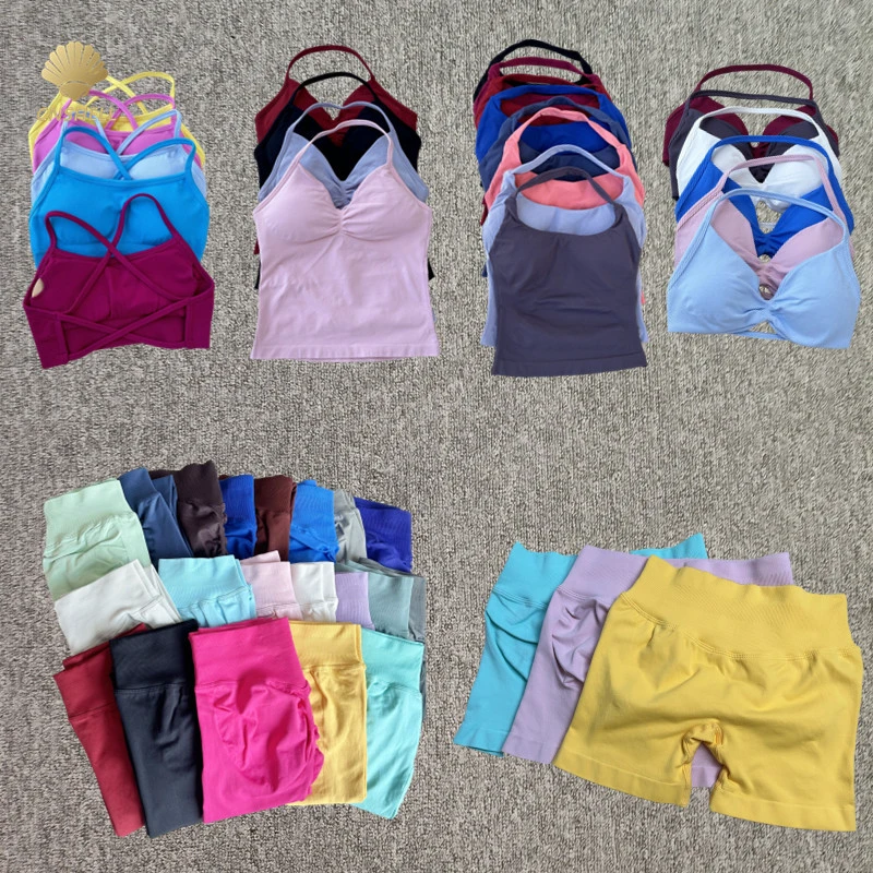 CNSHELL Seamless 9 Piece Set Hip Scrunch Shorts Legging Build In Bras Impact Strappy Bra Tank Top Jacket Sports Gym Wear
