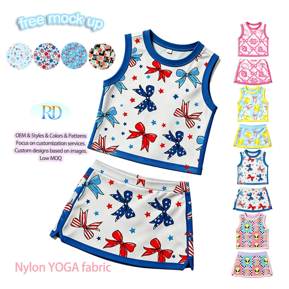Girls 4th of July 2 Piece Tennis Skirt Set Nylon Printed Tank Top & Skort with Inner Shorts OEM Custom Patriotic Kids Sportswear