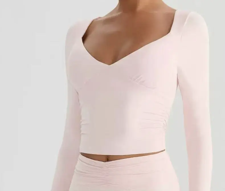 Women's V-Neck Long Sleeve Yoga Bra Tummy Control Slim Fit Workout Shirt for Gym