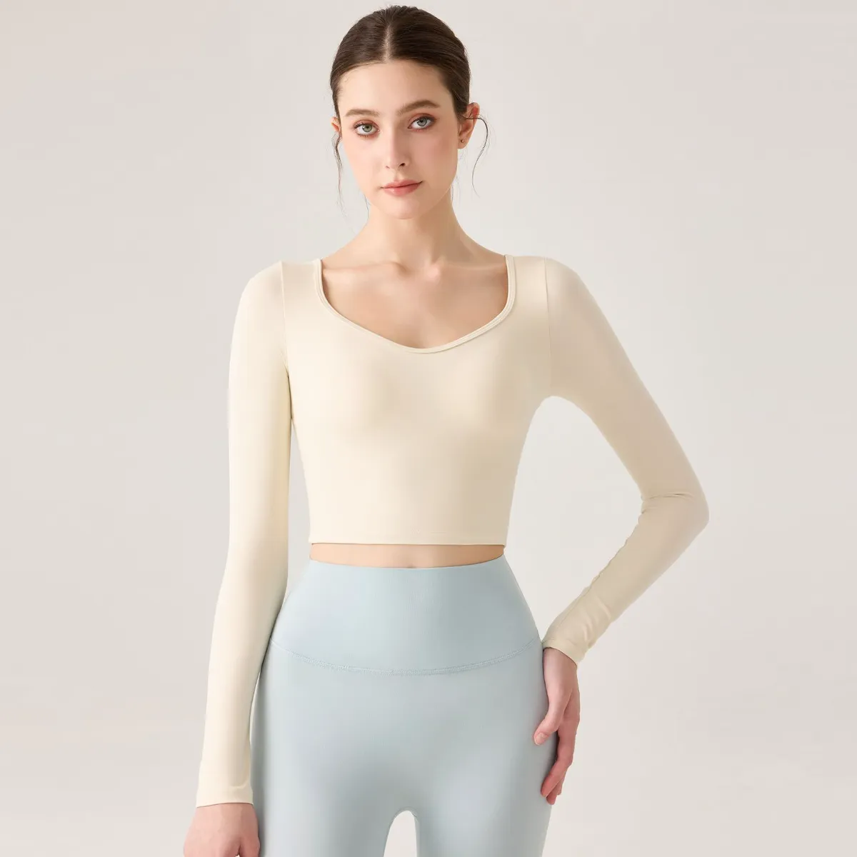 Gym Wear High Elastic Tight Yoga Clothes Jogging Slim Shirt Knitted Sports Crop Tops for Women Long Sleeve