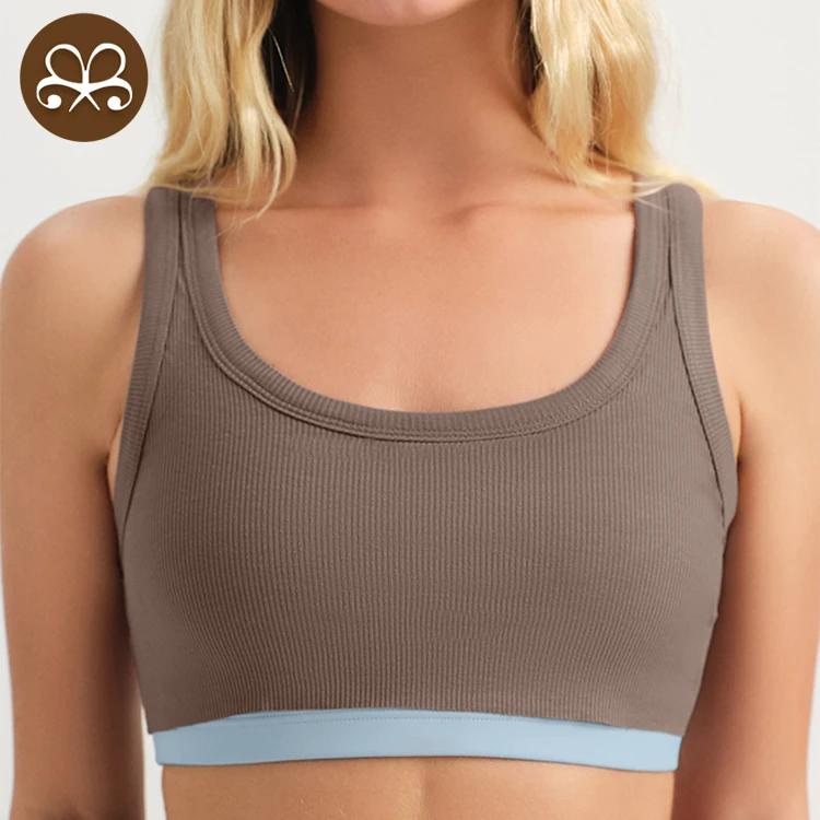 Custom Women Ribbing Sports Bra with Tank Top -Medium High Compression Scoop Neck, Grey Crop Vest