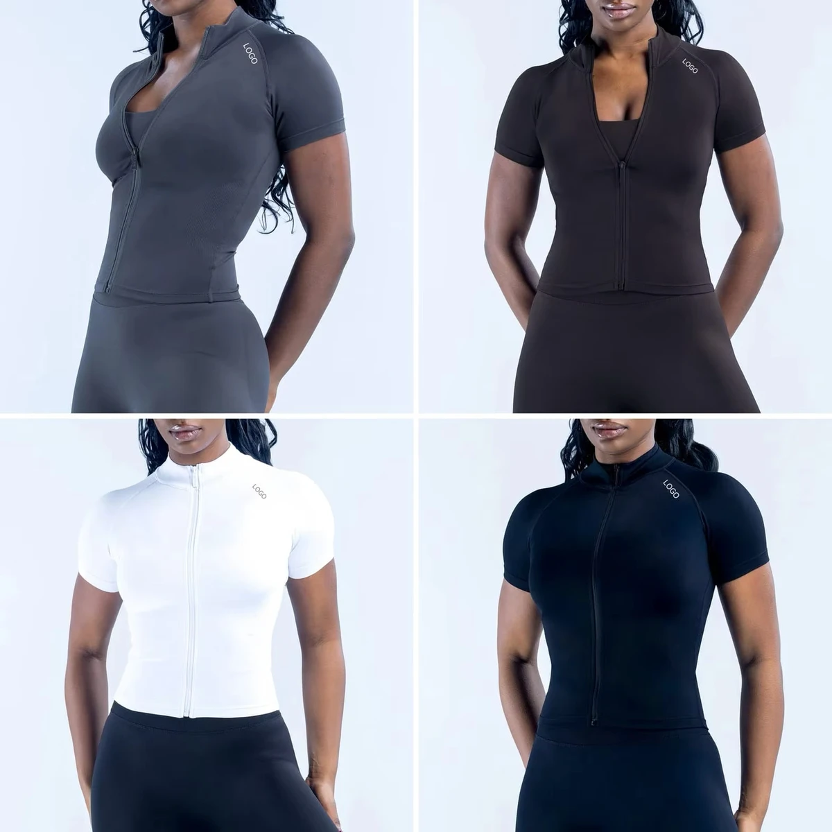 DFY Women's Zipper Short-sleeved Yoga Suit Tight-fitting Polyamide Abdominal Tinting Sports Outdoor Quick-drying Casual Fitness