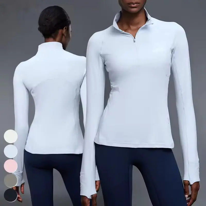 Slim-fit Breathable Solid Fitness Top Front Stand-up Collar Half-zip Design Thumbhole Long Yoga/fitness Reversible Eco-Friendly