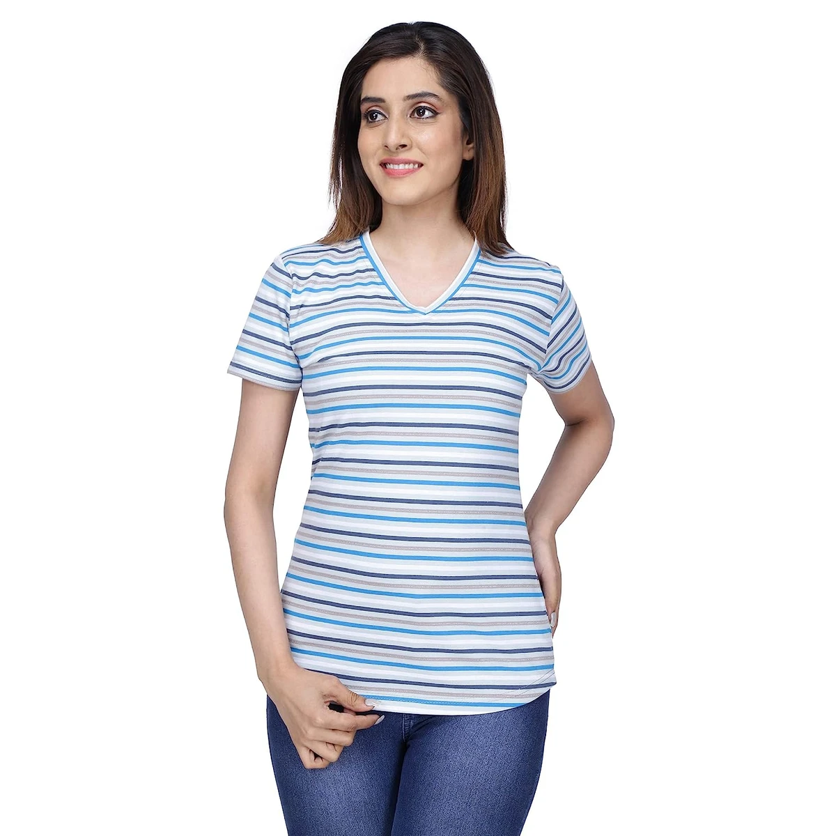 Women's Clothing Oversize Stylish Short Sleeve Slim Fit Striped Casual Women's T Shirts Custom Design V Neck T Shirt for Women